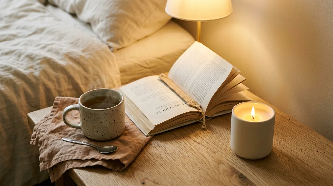 Table de nuit éclairée par une lampe douce, avec une tasse de tisane, un livre ouvert et une bougie allumée