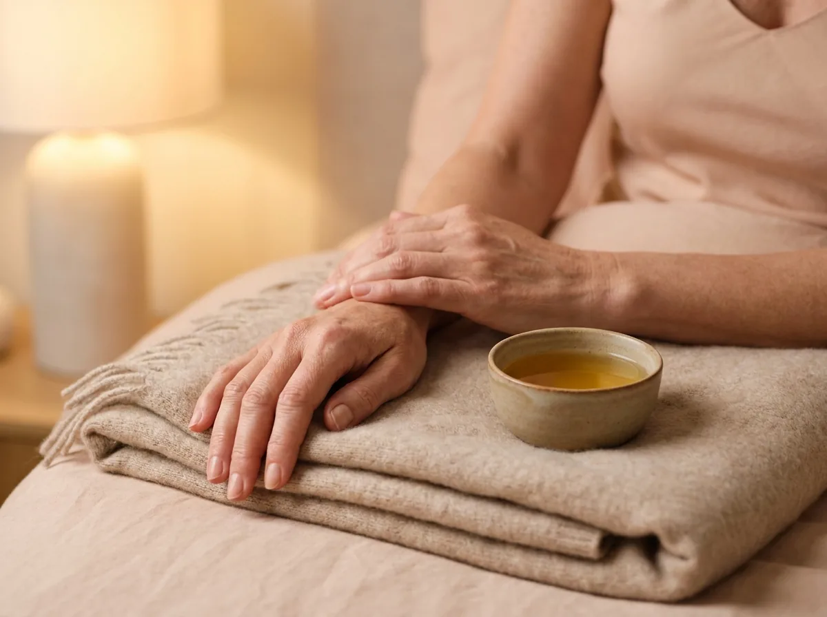 Mains posées sur un plaid en laine beige, à côté d'un bol de tisane, dans la lumière chaude d'une lampe de chevet