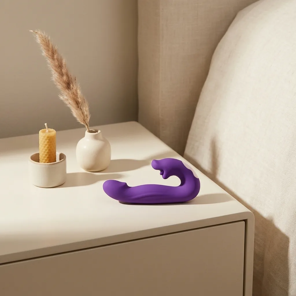 L'appareil Nexus posé sur une table de nuit crème, à côté d'une bougie et d'un petit vase
